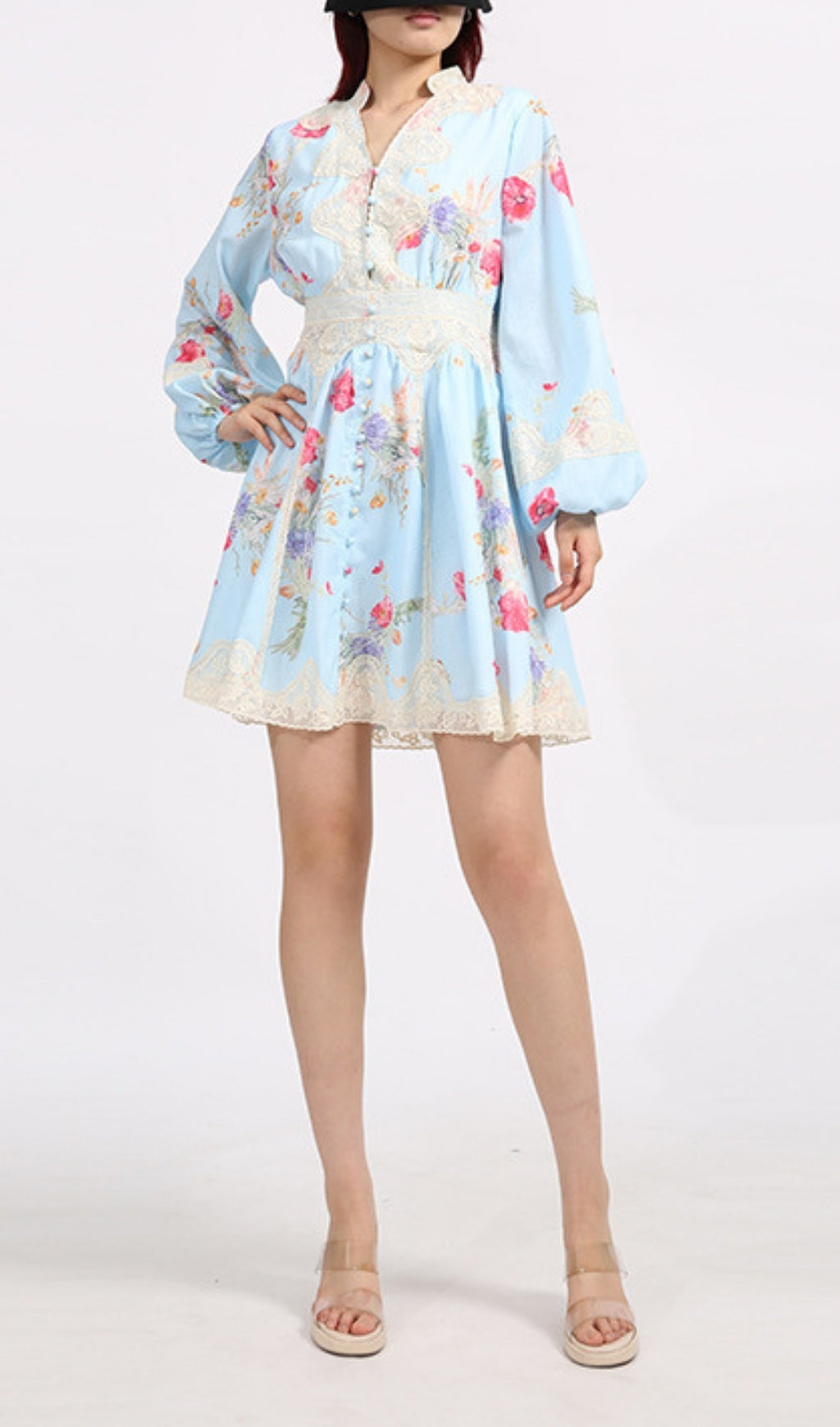 Eko Blue Floral Printed Long Sleeve Mini Dress