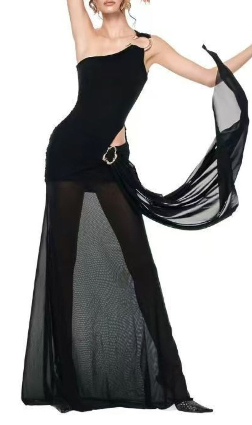 Icelynn Glamorous Black One-Shoulder Mesh Maxi Dress with Daring Cut-Out