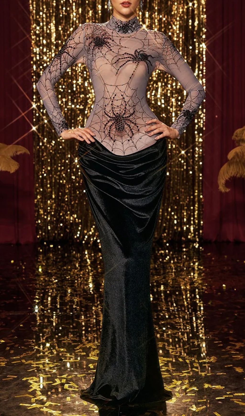 Kjartan Glamorous High Neck Spider Web Velvet Maxi Dress - Statement Evening Gown