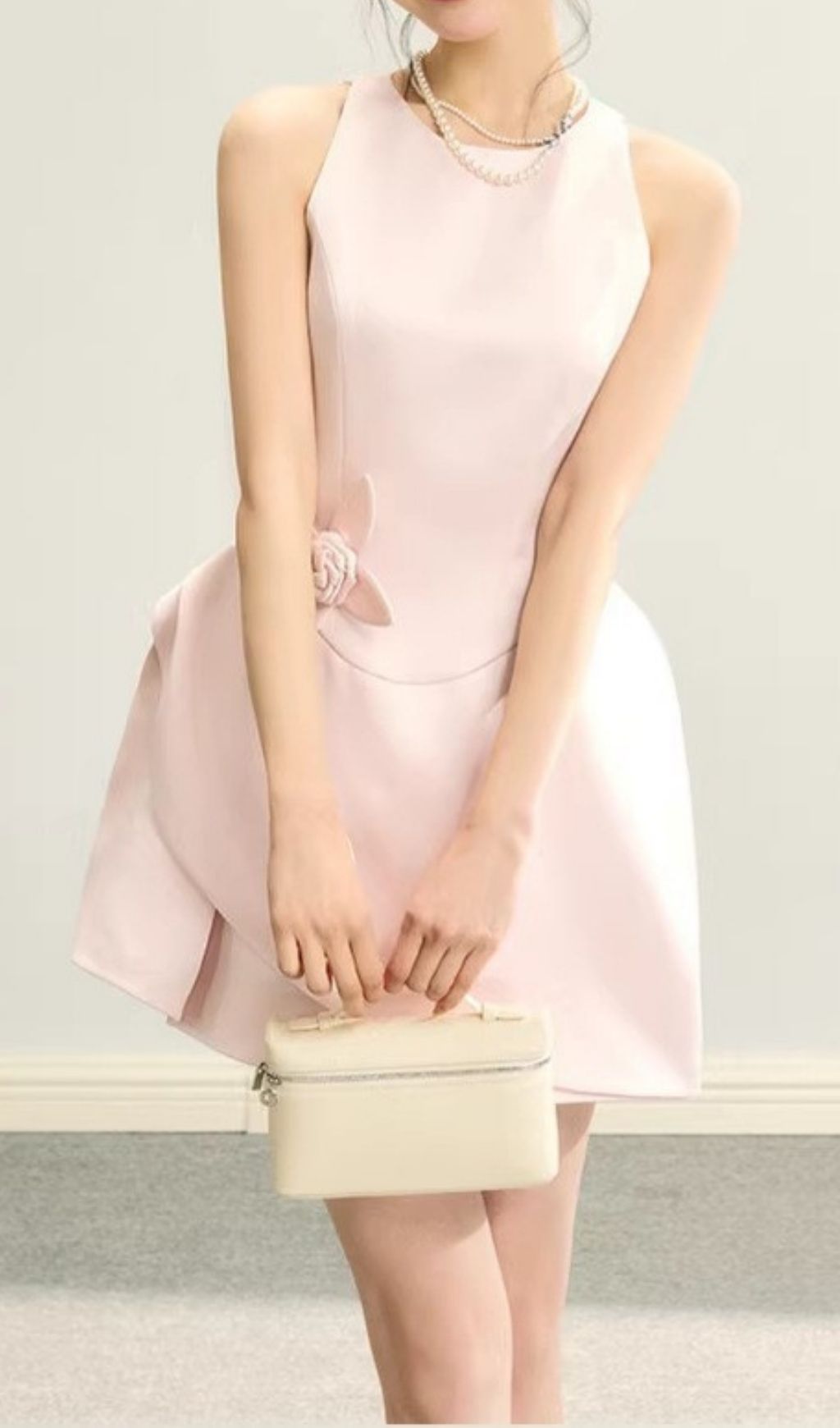 Kini Chic Blush Pink High-Neck Mini Dress with Sculpted Floral Detail