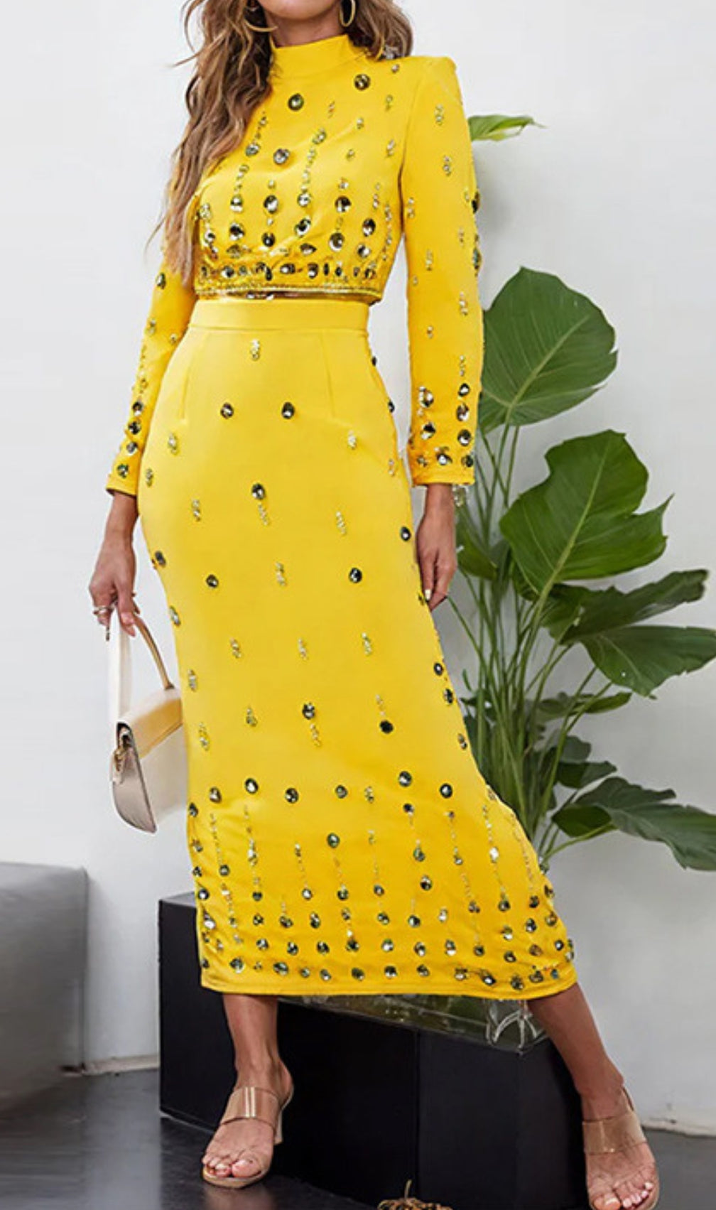 Dangola Rhinestone Long Sleeve Top & Maxi Skirt Set