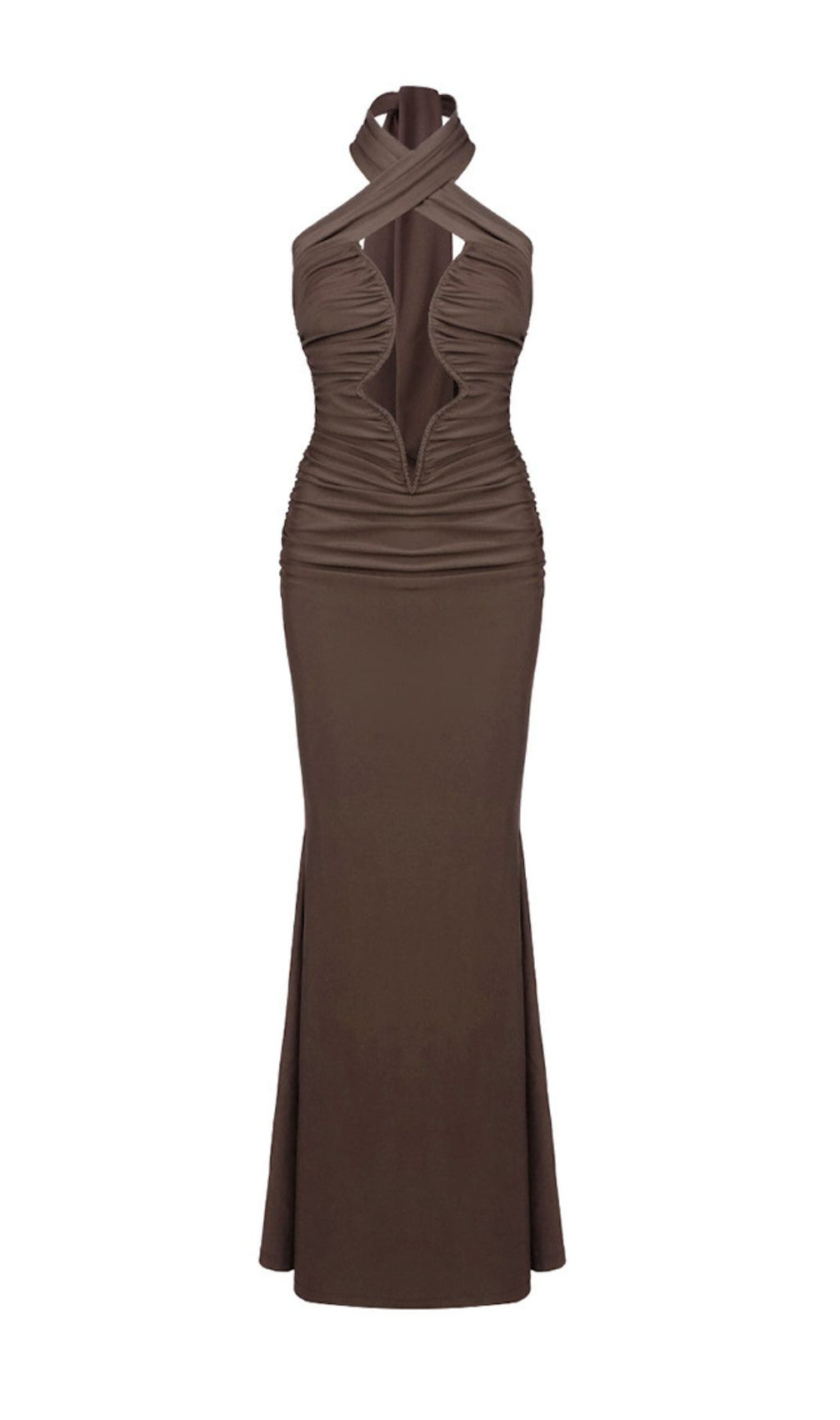 Ikuya Elegant Brown Halter Ruched Maxi Dress with Keyhole Cut-Out