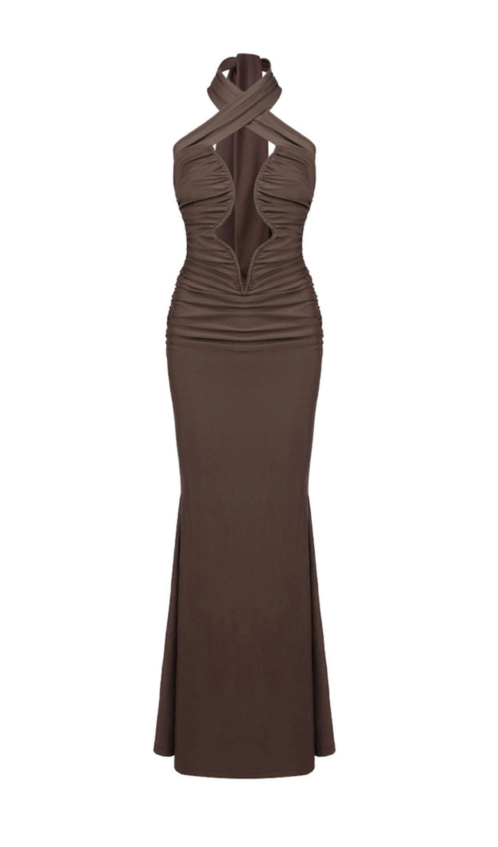 Ikuya Elegant Brown Halter Ruched Maxi Dress with Keyhole Cut-Out