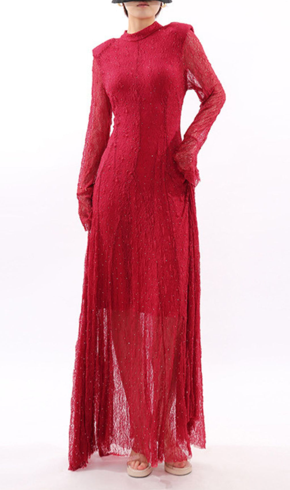Stunning Ruby Red Sparkle Lace Maxi Dress - Long Sleeve Evening Gown