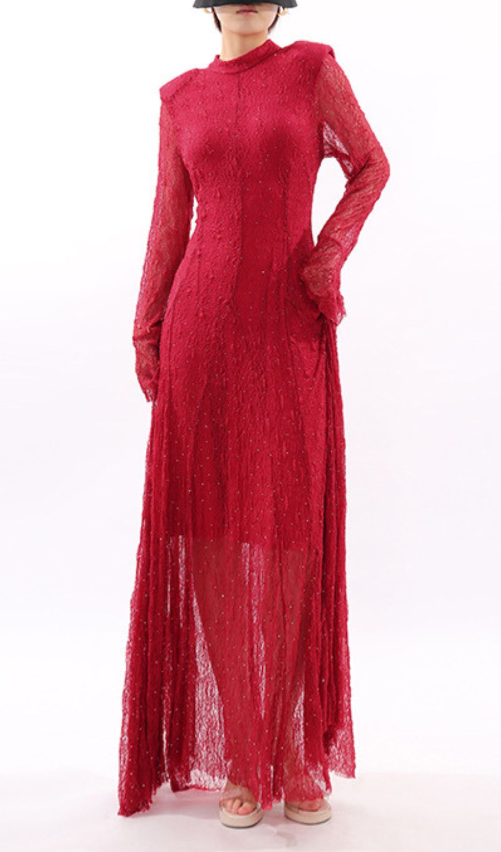 Stunning Ruby Red Sparkle Lace Maxi Dress - Long Sleeve Evening Gown