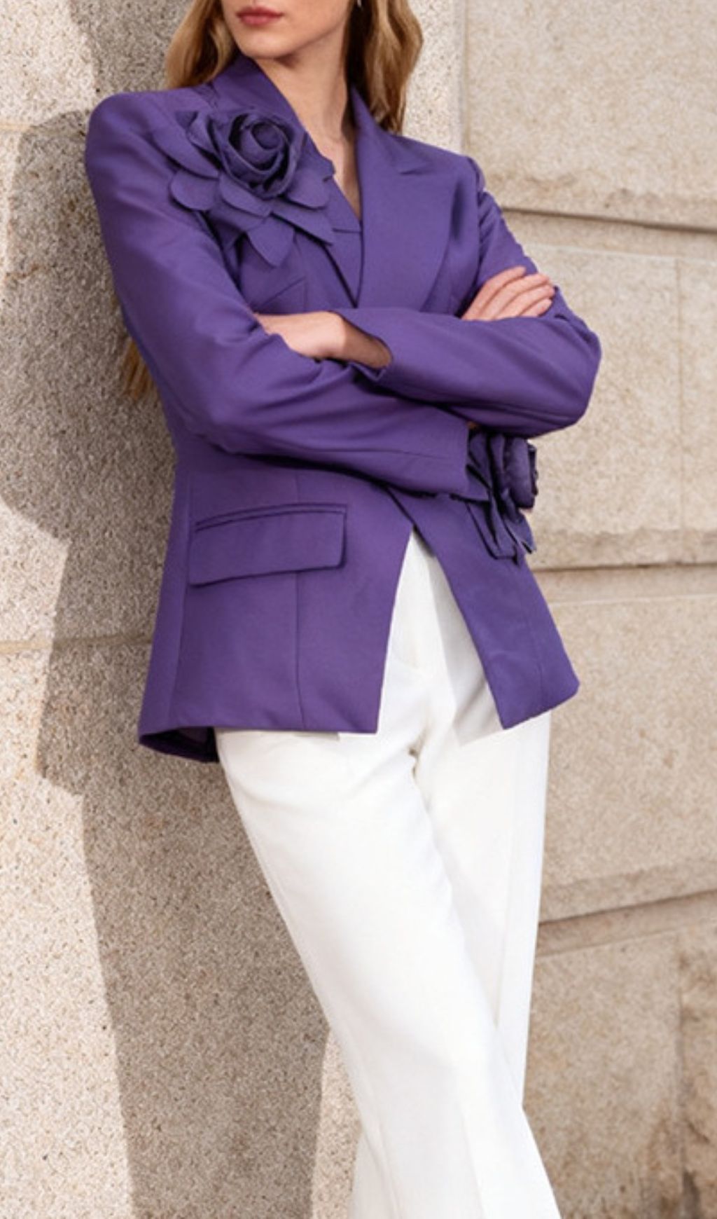 Idony Purple 3D Flower Blazer - Bold Floral Chic for Women