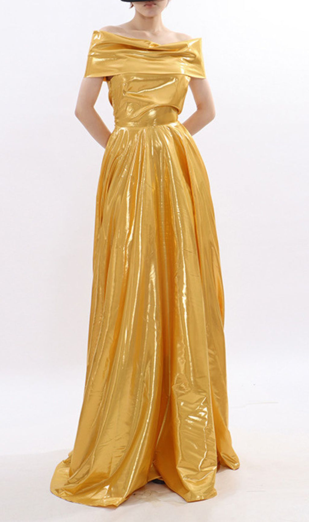 Kaliska Luminous Gold Off-Shoulder Maxi Gown - Red Carpet Glamour
