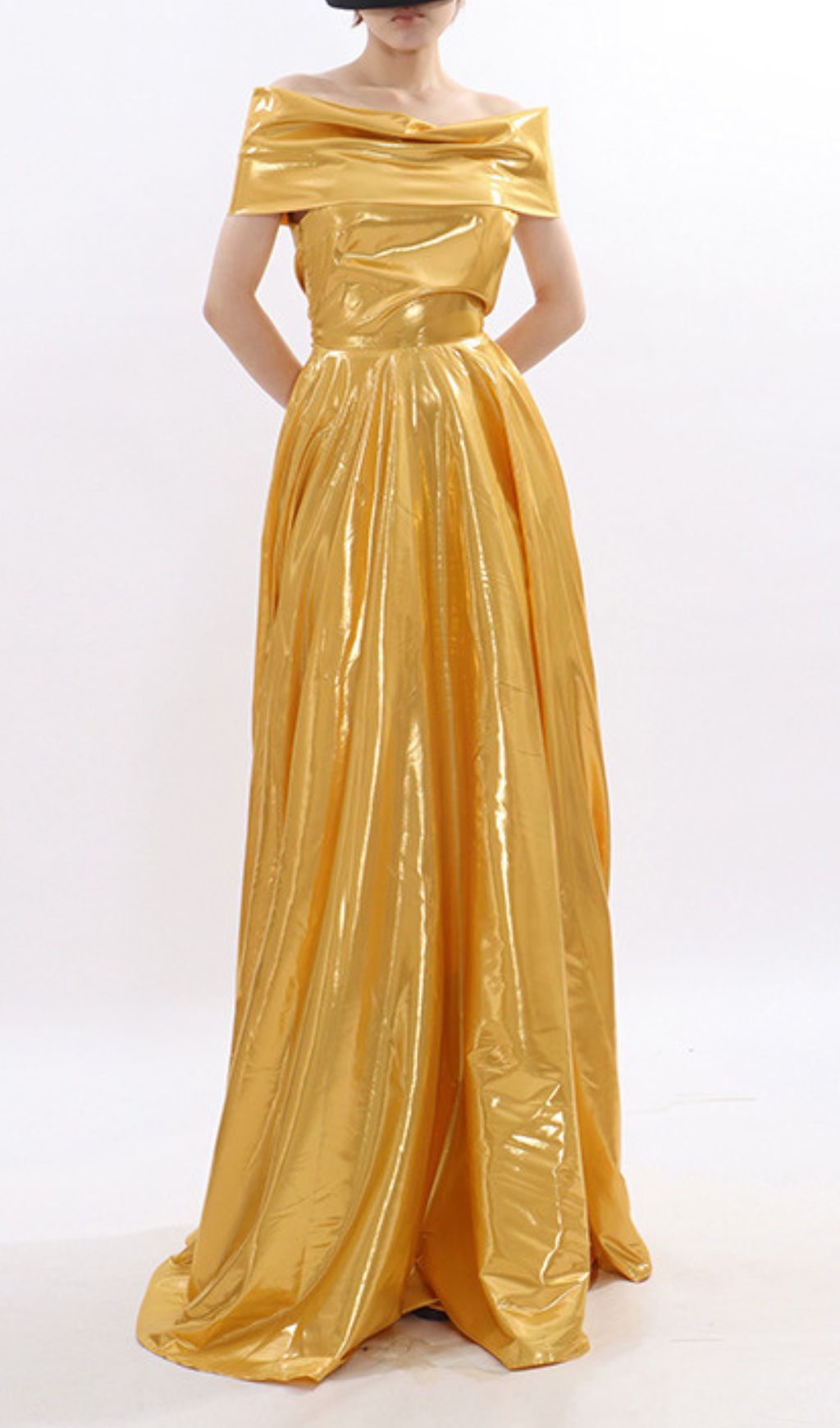 Kaliska Luminous Gold Off-Shoulder Maxi Gown - Red Carpet Glamour