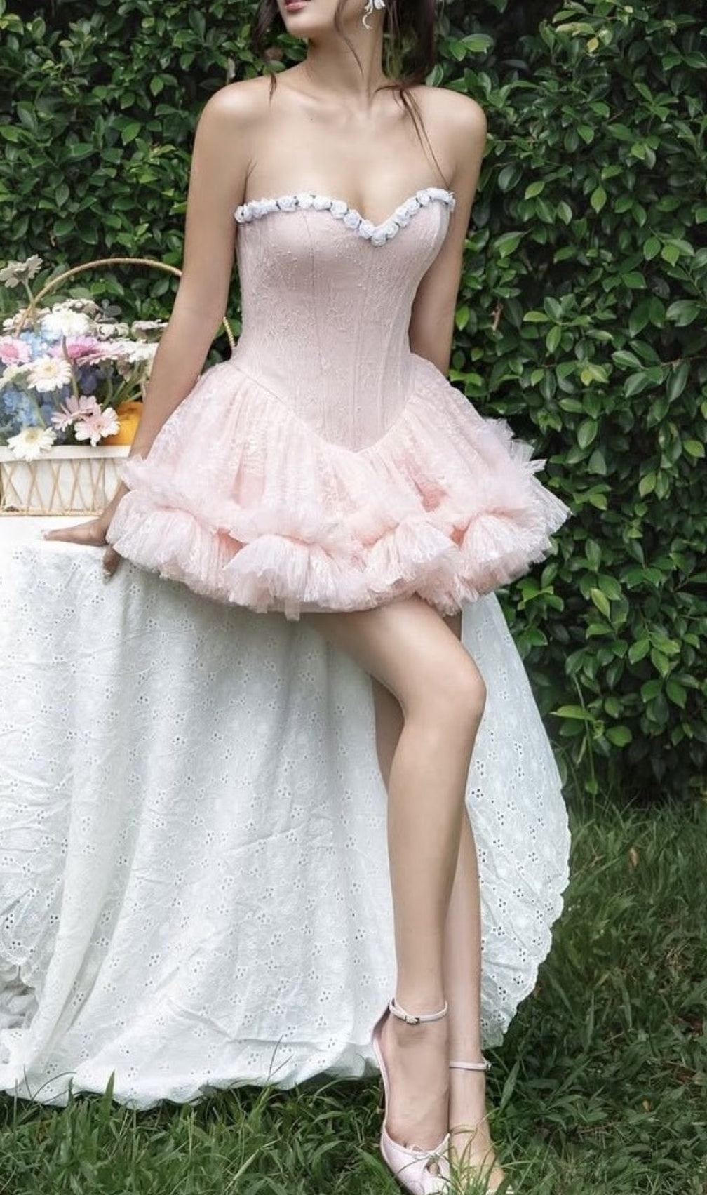 Karmina Pink Strapless Lace Corset Mini Dress - Sculpting & Romantic Fairycore Ruffle Design