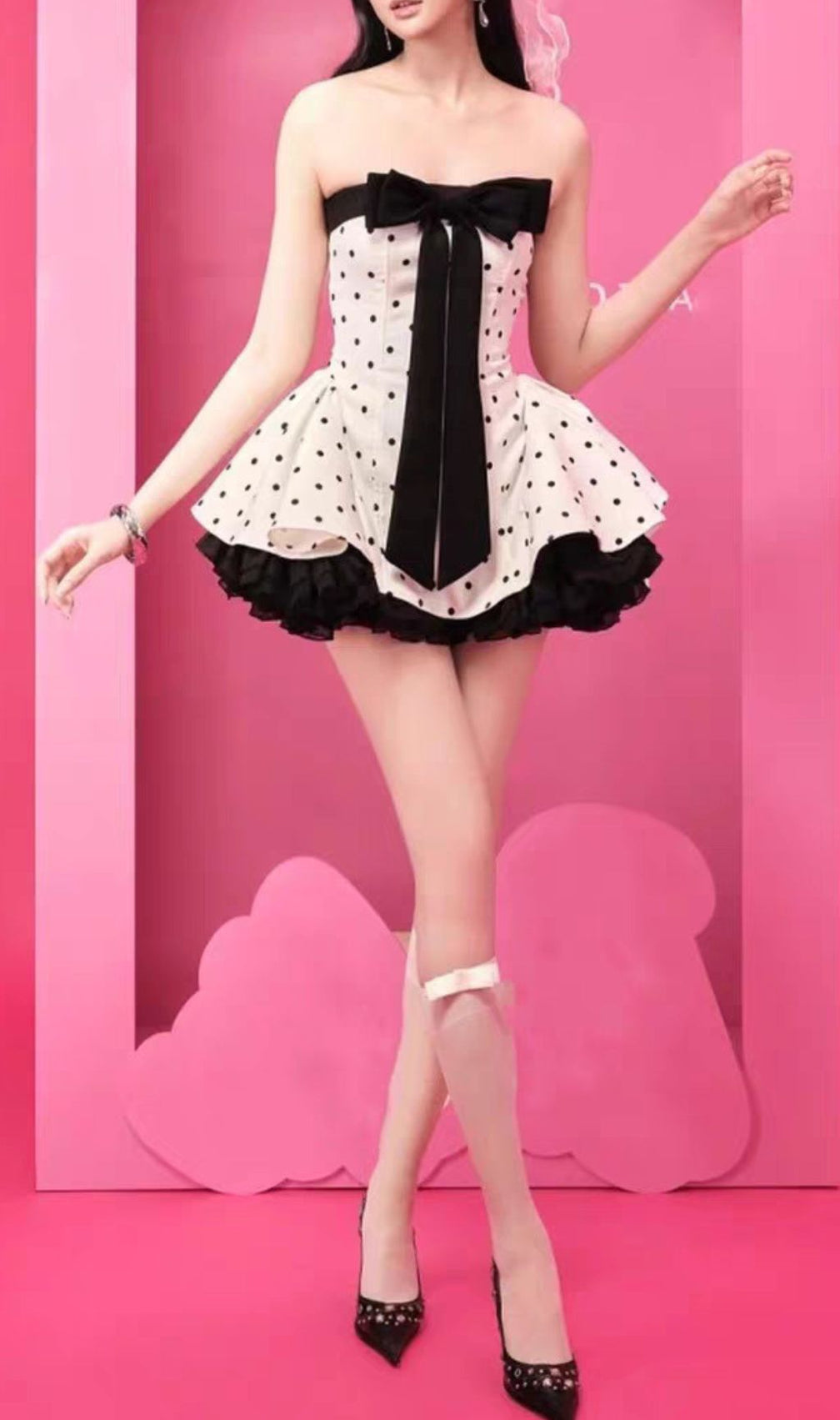 Iola Chic Polka Dot Strapless Mini Dress with Statement Bow
