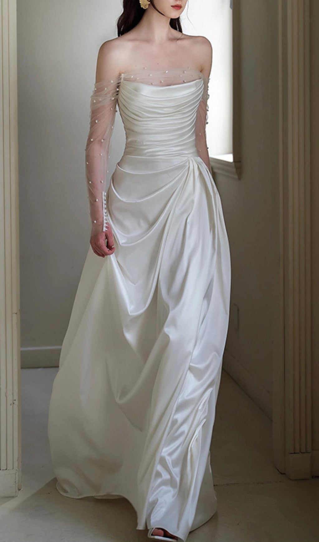 Delta White Mesh Sleeve Ruched Wedding Dress