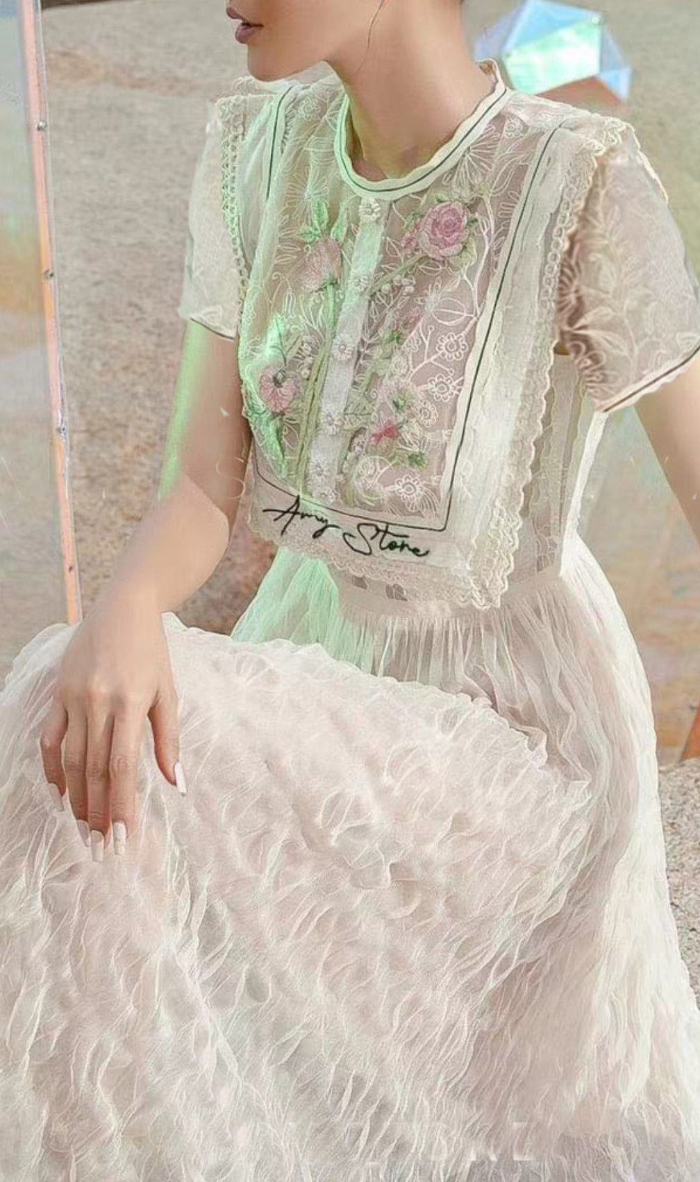 Carolie Flower Embroidery Midi Dress