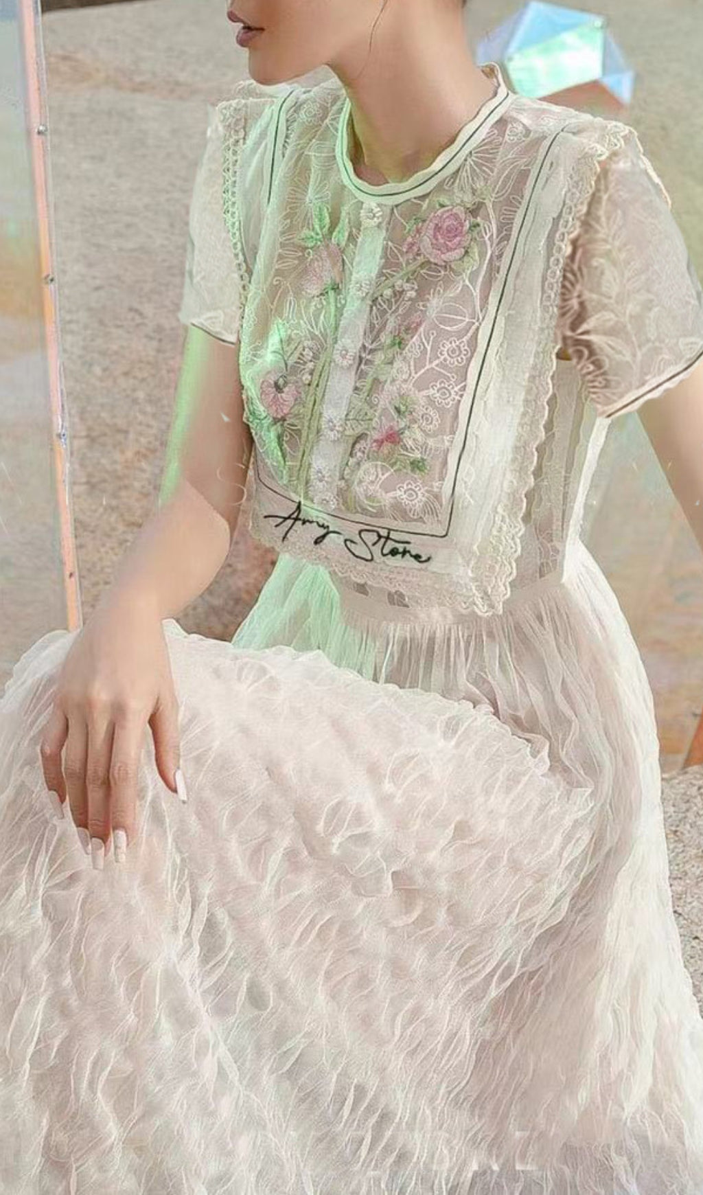 Carolie Flower Embroidery Midi Dress