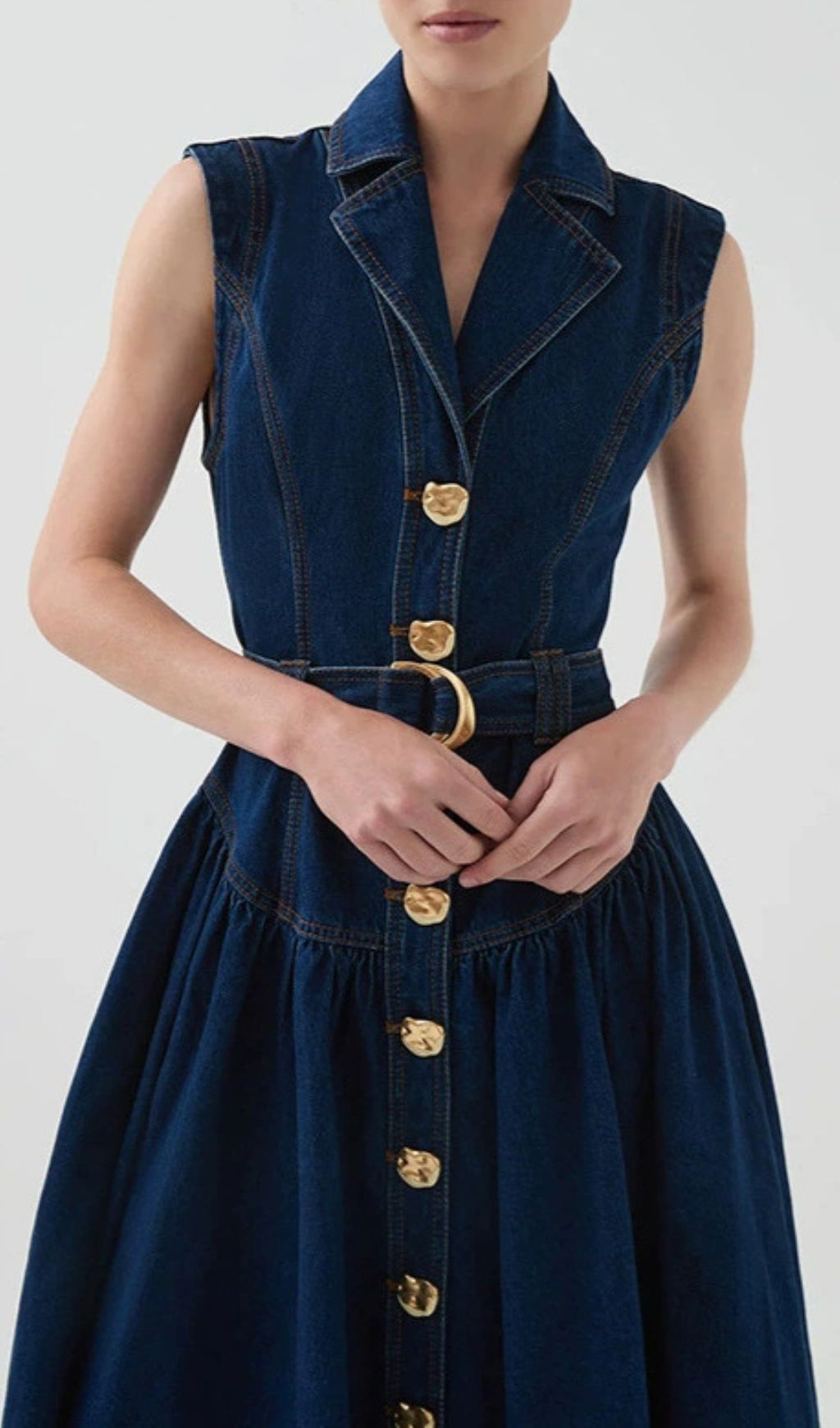 Ione Sleeveless Button-Front Denim Midi Dress | Chic & Belted Style