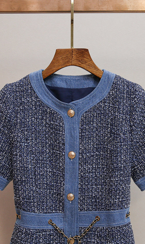 Chic Tweed & Denim Mini Dress with Gold Chain Accents | Hatsuye