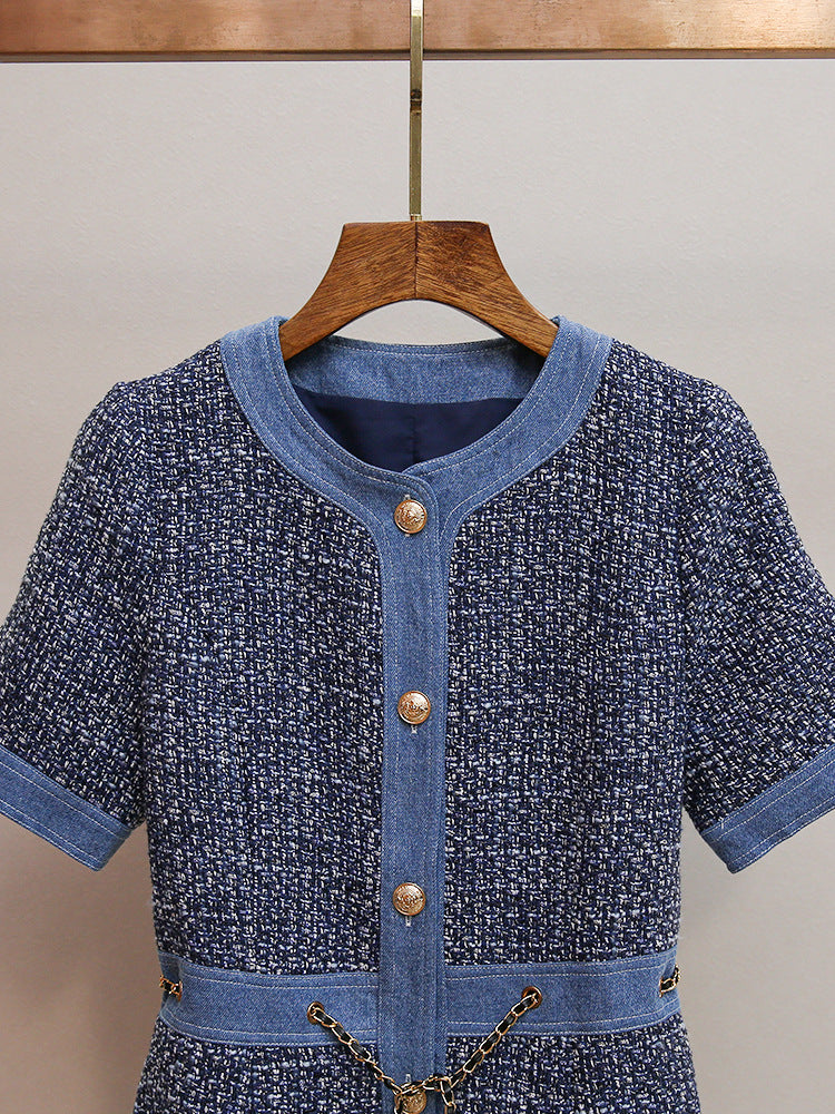 Chic Tweed & Denim Mini Dress with Gold Chain Accents | Hatsuye