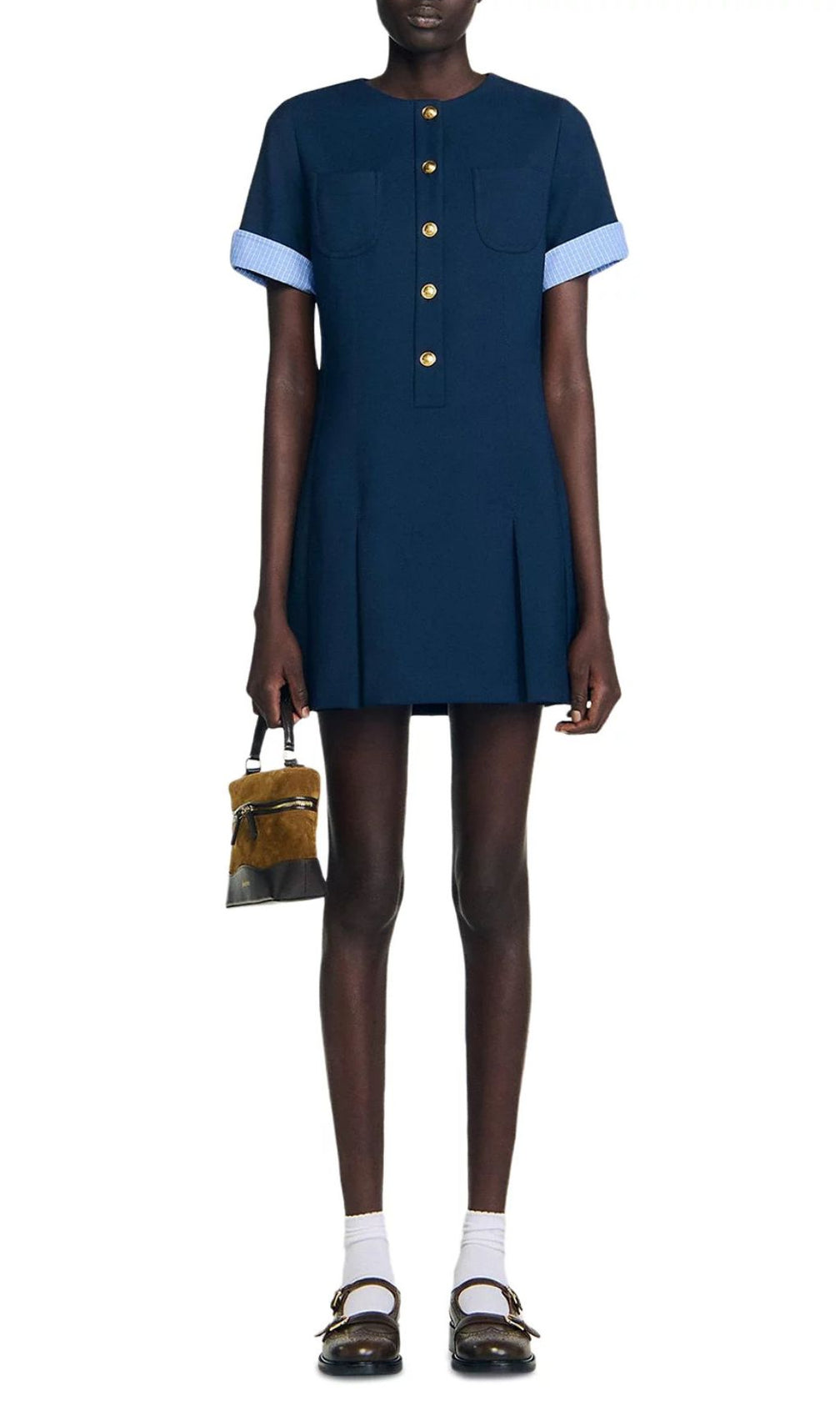 Navy Chic Pleated Mini Dress | Contrast Cuff & Gold Button Detail