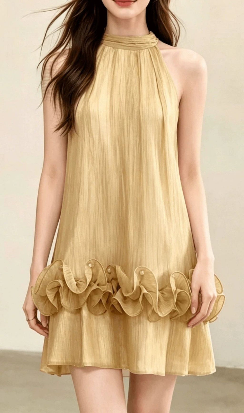 Kila Golden Halter Ruffle Mini Dress - Chic Summer & Vacation Essential