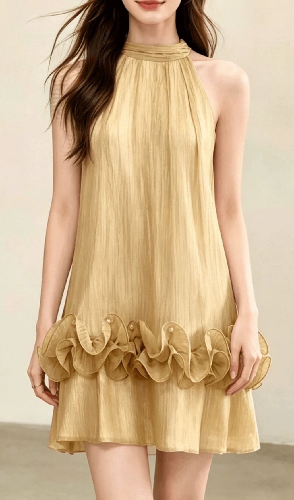 Kila Golden Halter Ruffle Mini Dress - Chic Summer & Vacation Essential