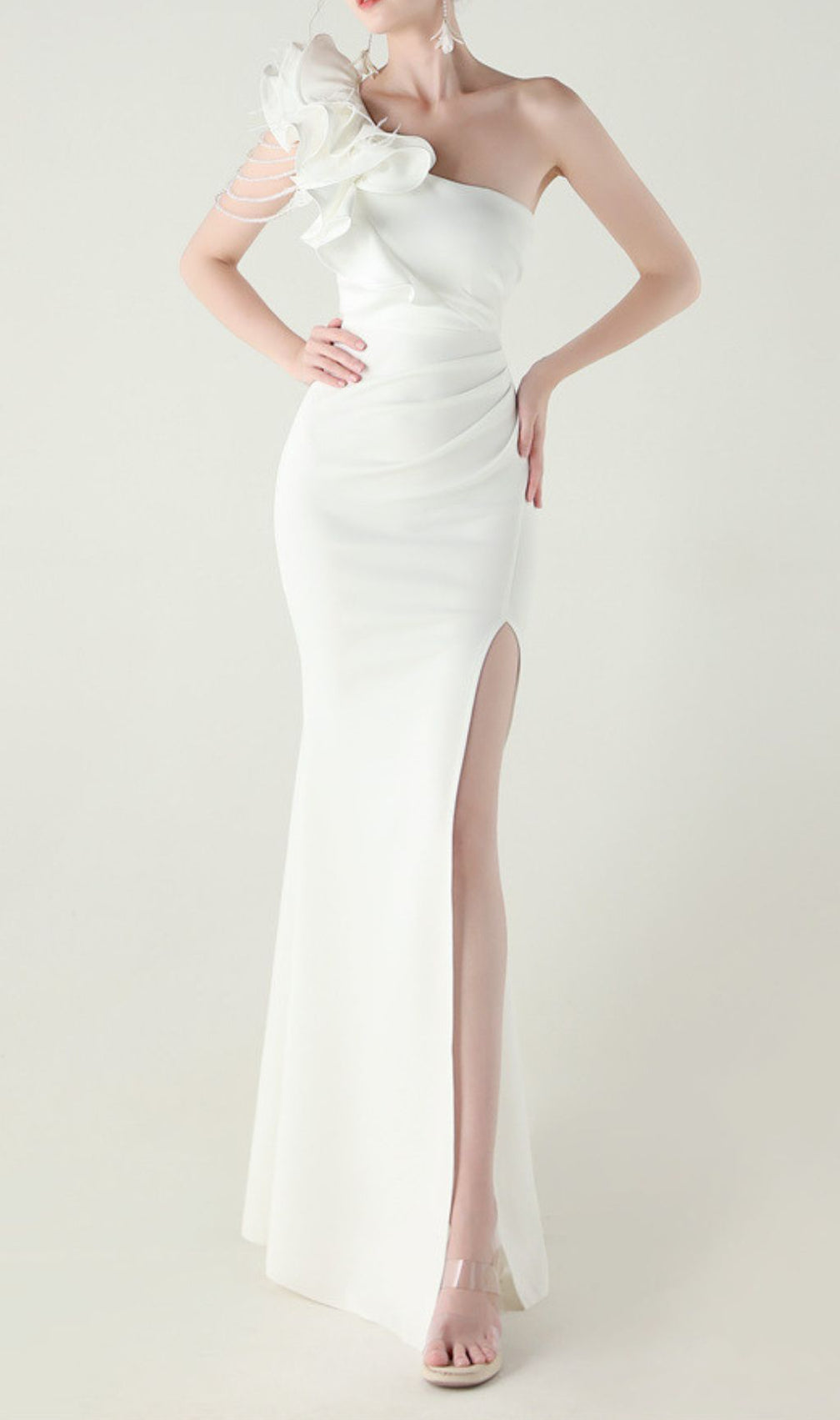 Ijlal Glamorous White One-Shoulder Ruffle Slit Maxi Dress | Elegant Formal Gown