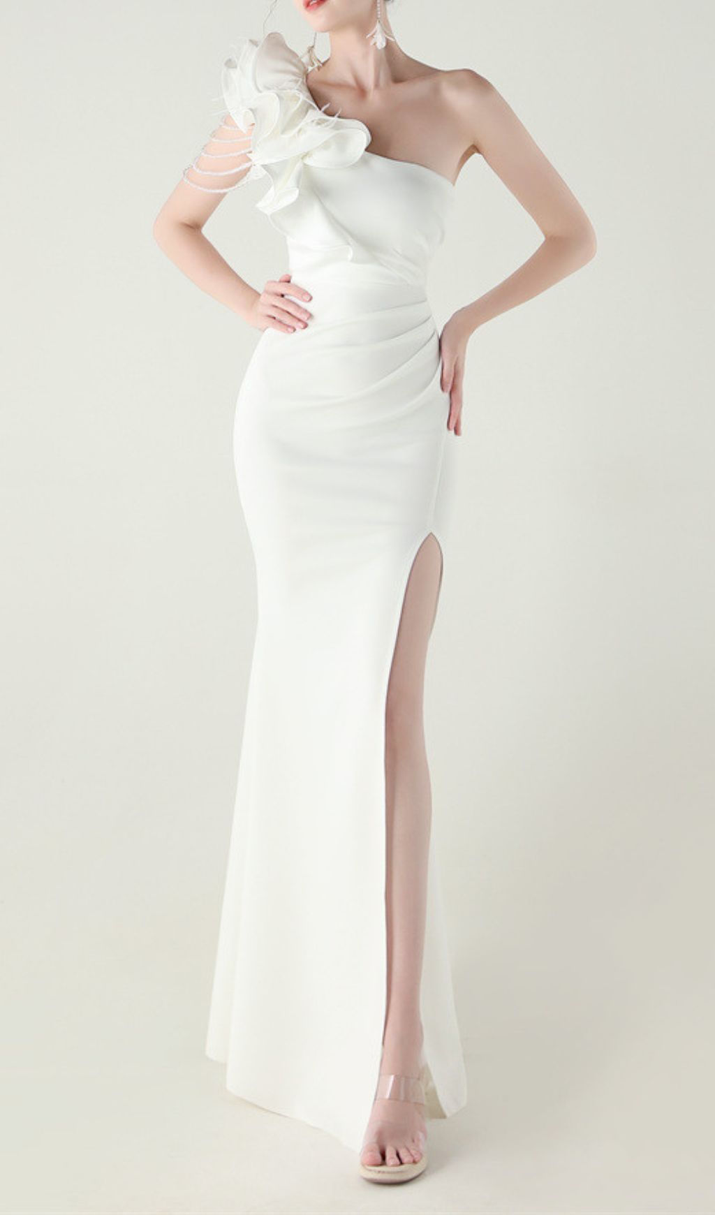 Ijlal Glamorous White One-Shoulder Ruffle Slit Maxi Dress | Elegant Formal Gown