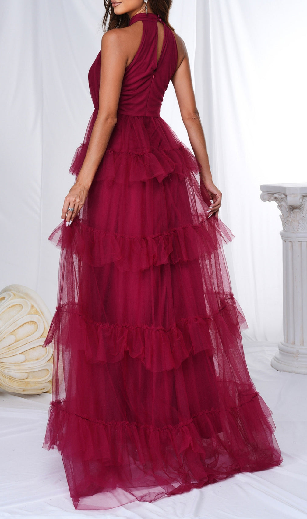 Bozica Red Halter Mesh Maxi Dress