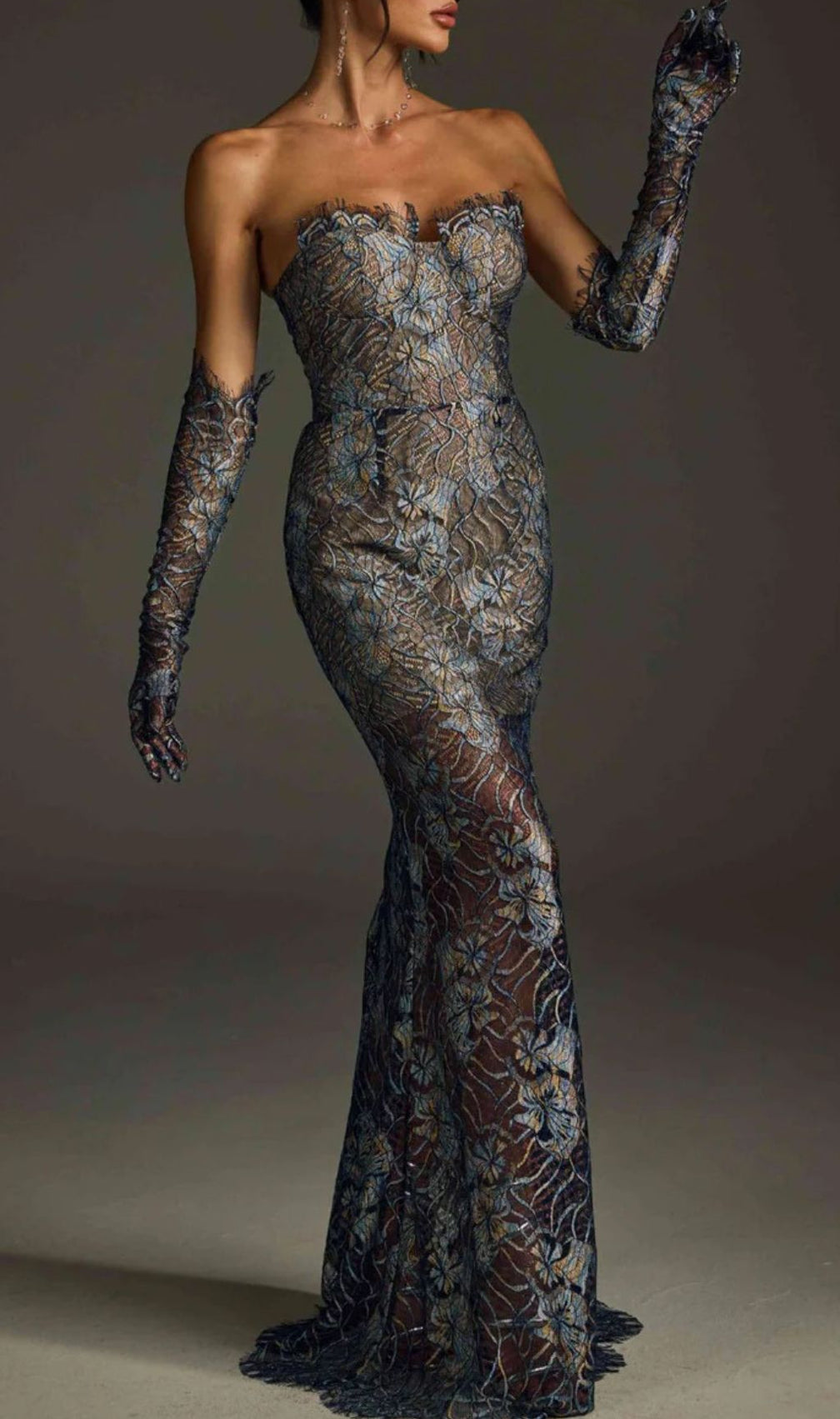 Javion Enchanting Strapless Floral Lace Gown with Opera Gloves