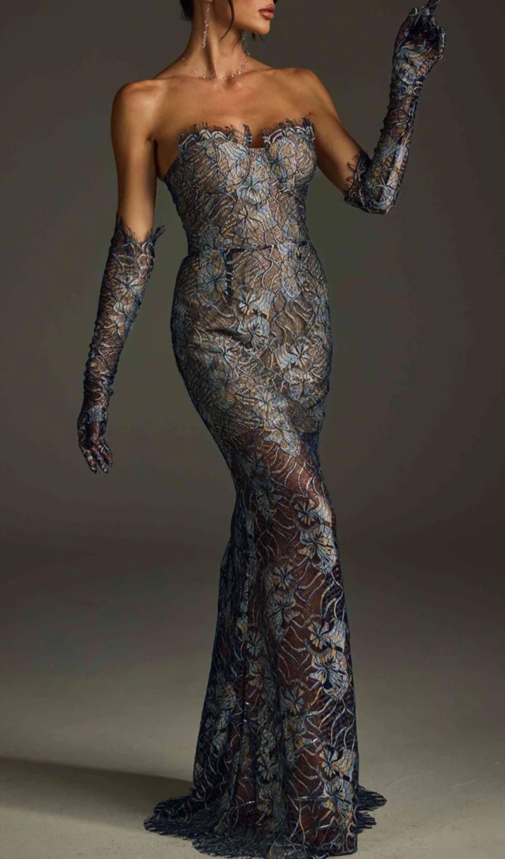 Javion Enchanting Strapless Floral Lace Gown with Opera Gloves