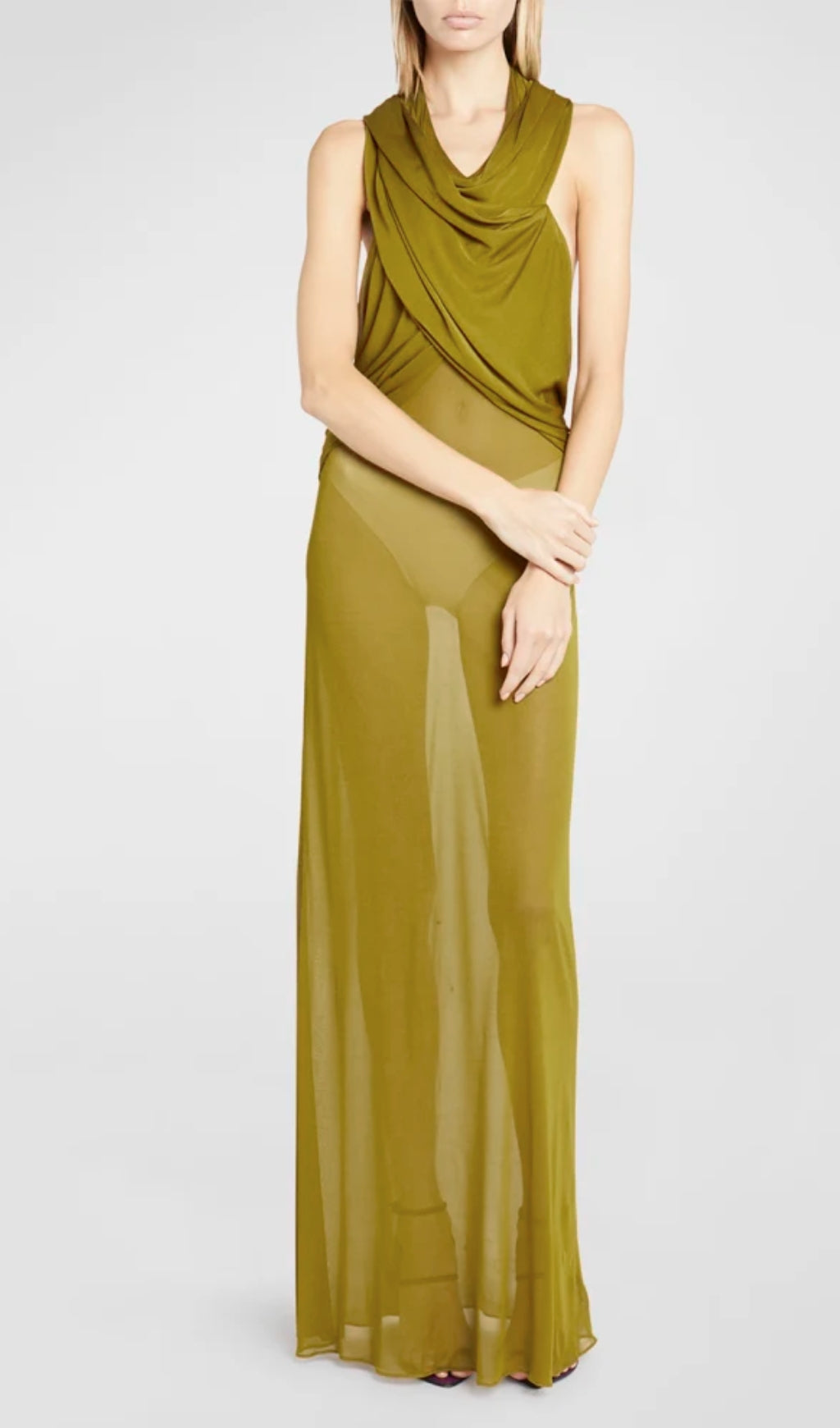 Ginger Yellow Sheer Evening Gown With Draped Hood