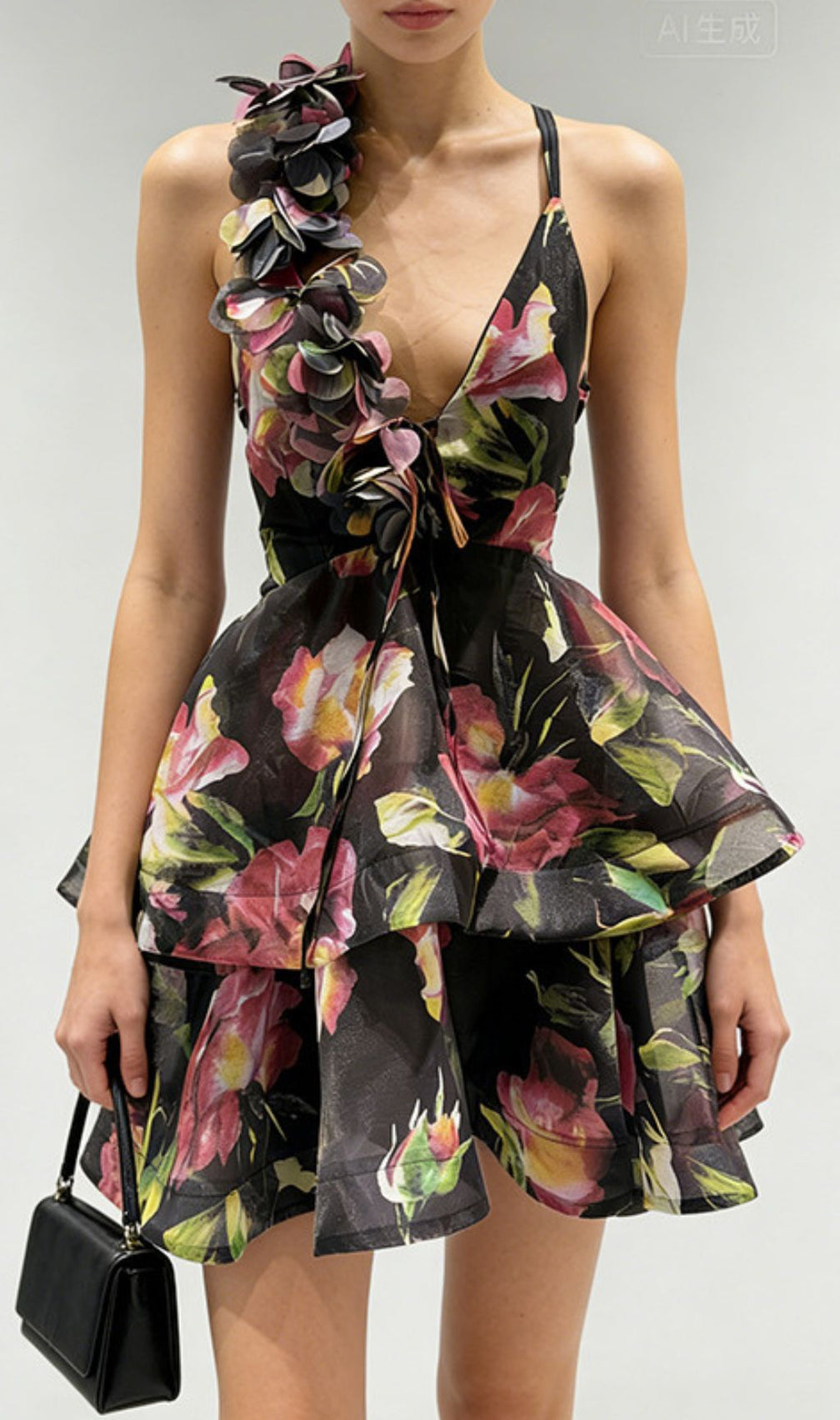 The Jadey: Vibrant Floral Tiered Mini Dress with Asymmetrical Petal Strap
