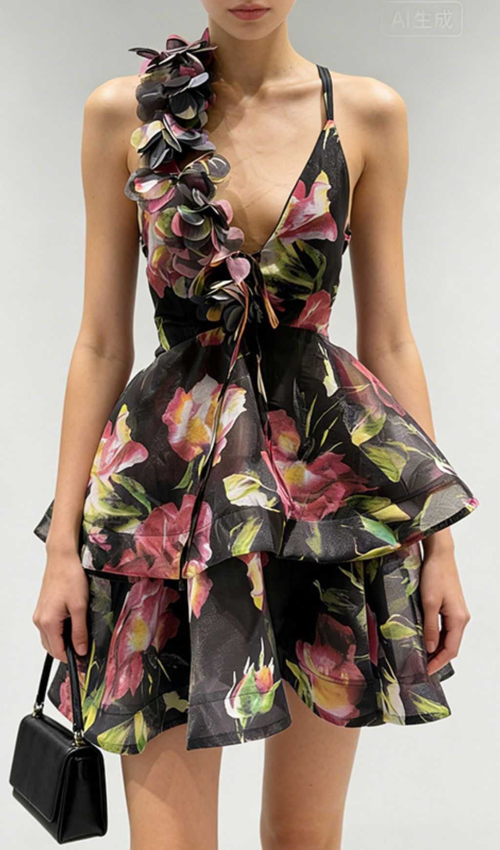 The Jadey: Vibrant Floral Tiered Mini Dress with Asymmetrical Petal Strap