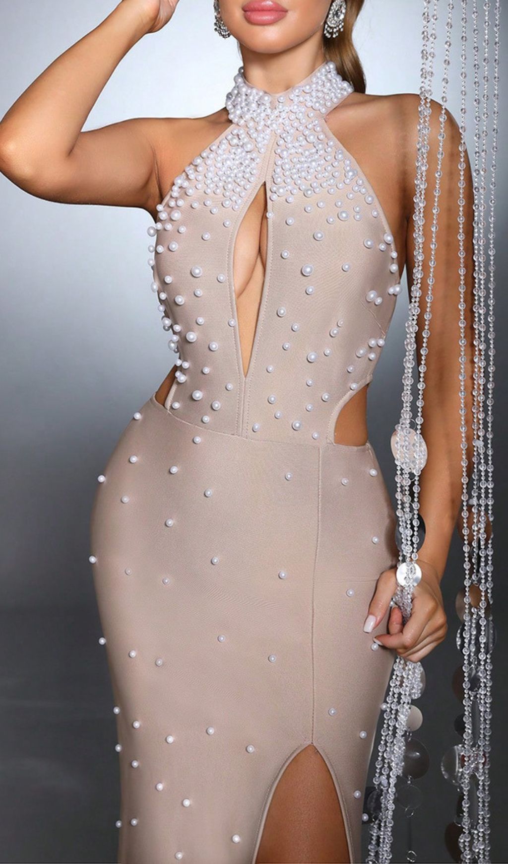Haidera Pearl Beaded Halter Neck Bandage Maxi Gown with Thigh Slit