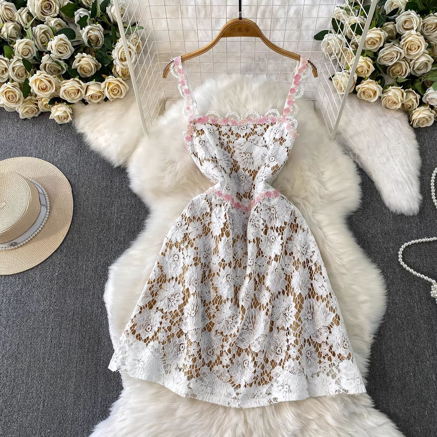 Tavon Flower Embroidered Mini Dress In White