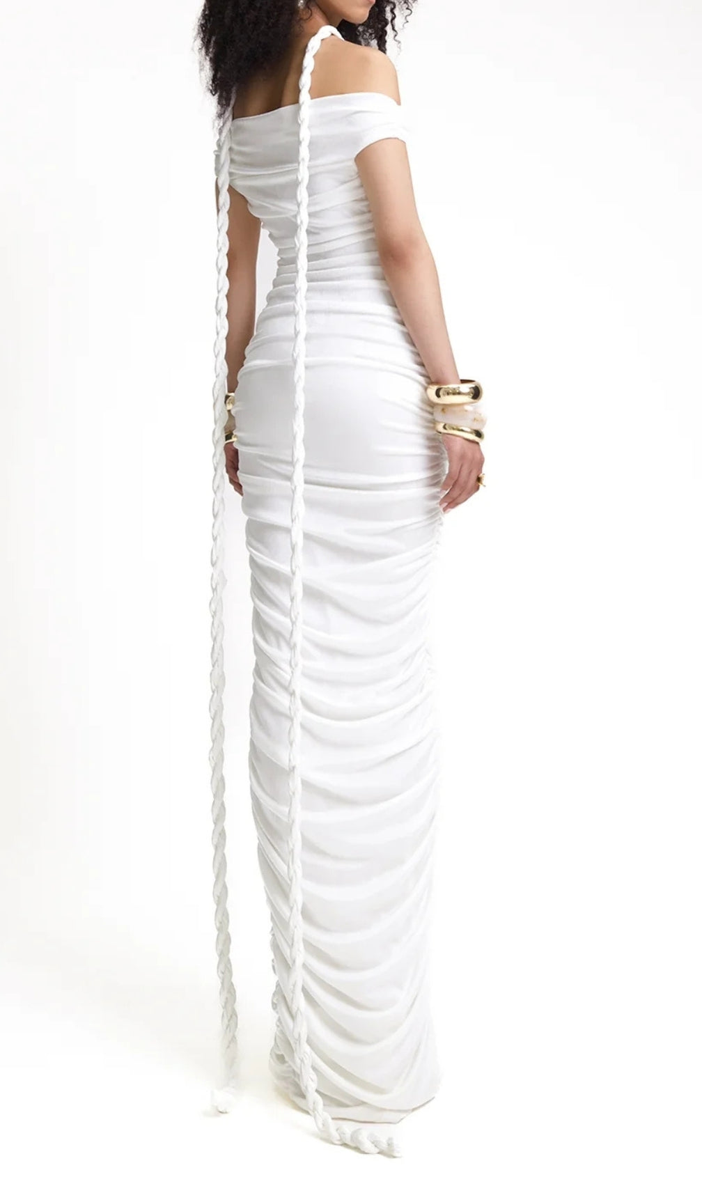 Buddug White Bardot Ruched Maxi Dress