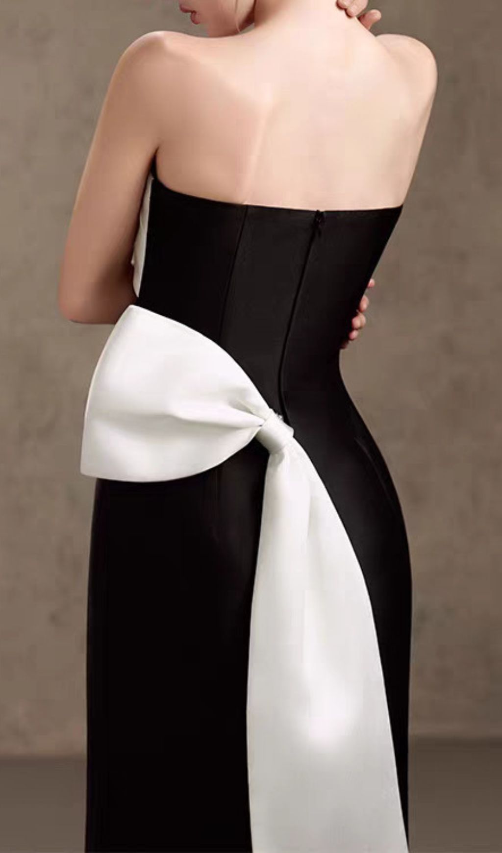 Hamlet Black Strapless Midi Dress | Elegant Contrast Twist-Bow Bodice