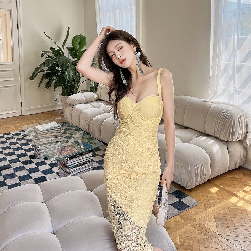 Allure & Elegance: Yellow Openwork Lace Strappy Asymmetrical Midi Dress