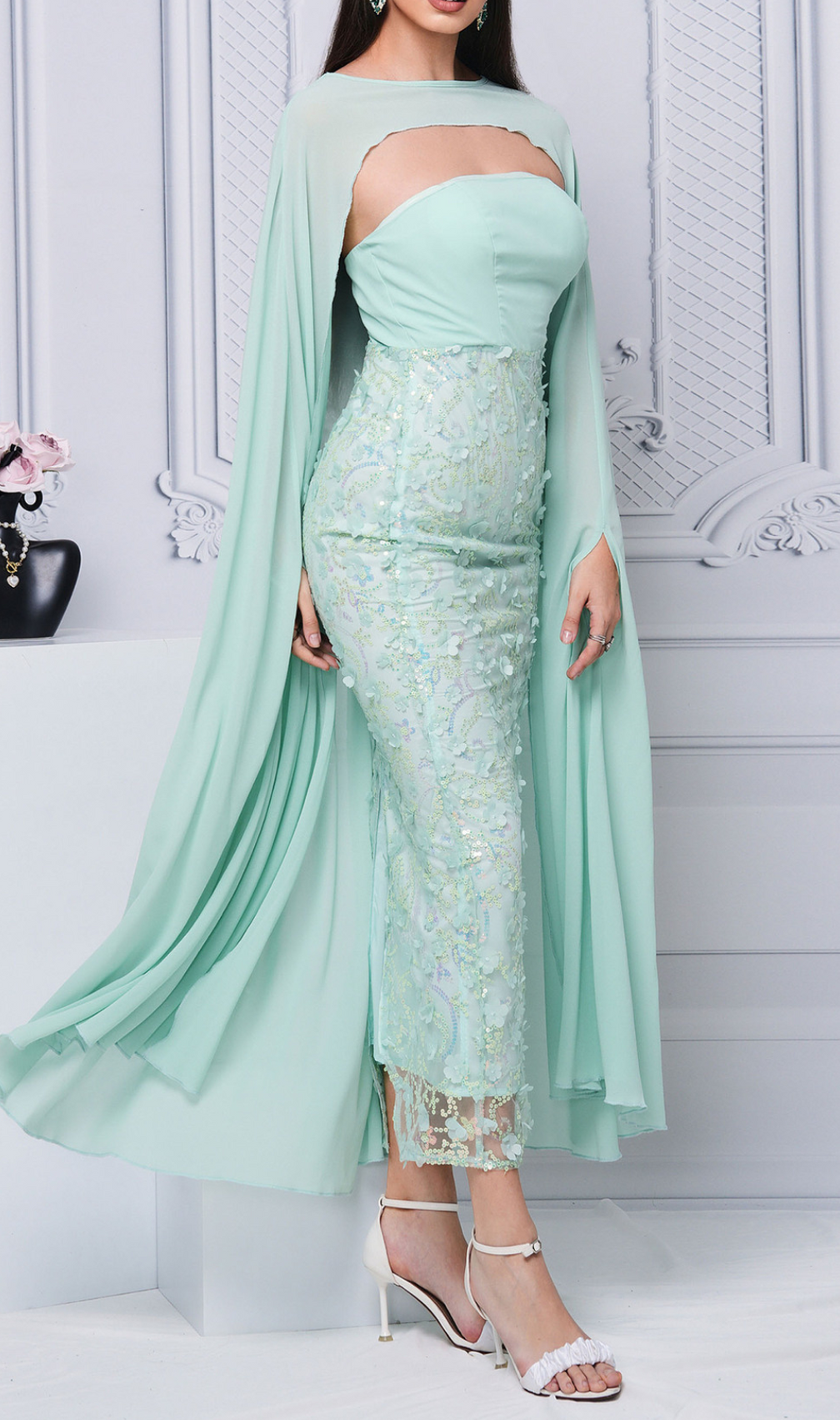 Coronis Aqua Flower Embellished Midi Dress