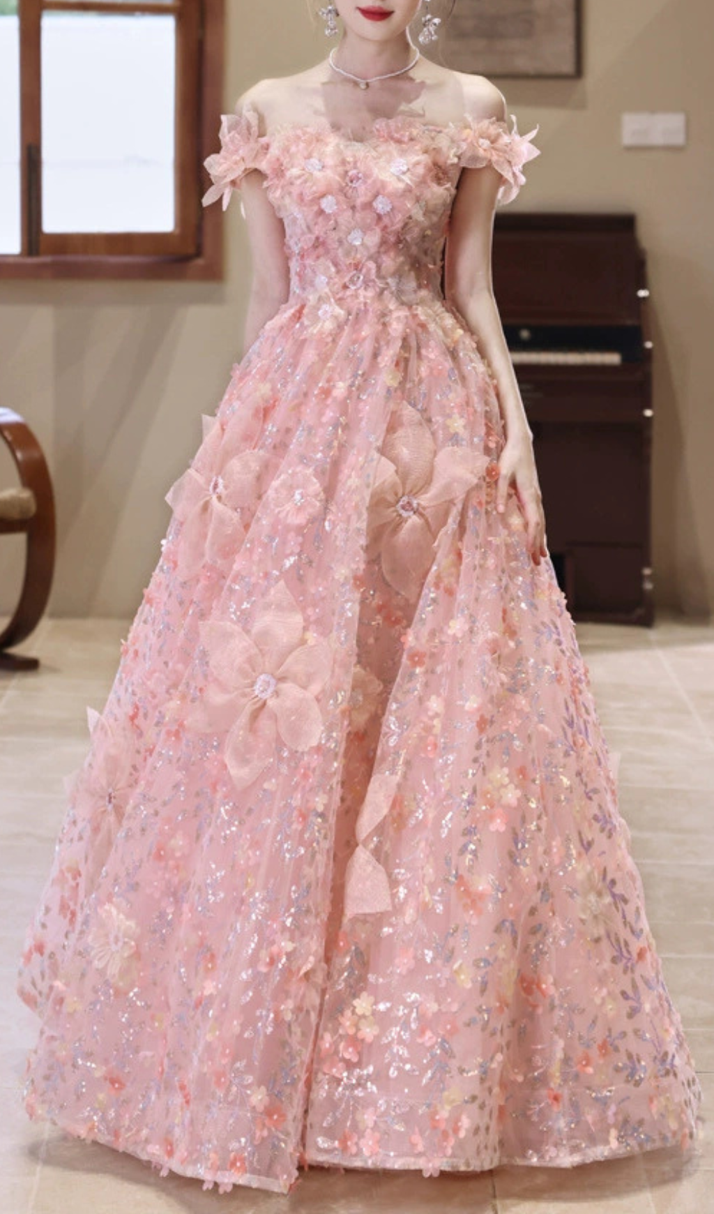 Harmony Pink Flower Sequin Maxi Dress