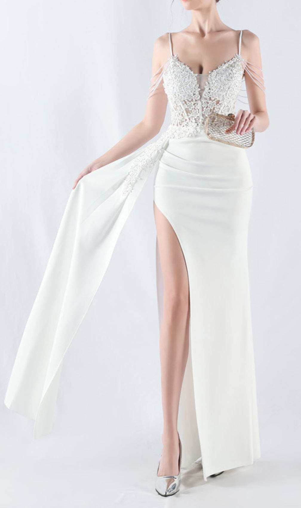 Chofa White Flower Bead Corset Maxi Dress