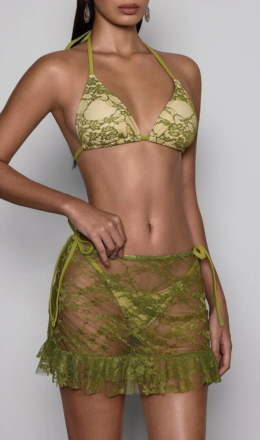 Voryxin Chic Olive Lace Ruffle 3-Piece Bikini & Skirt Cover-Up Set