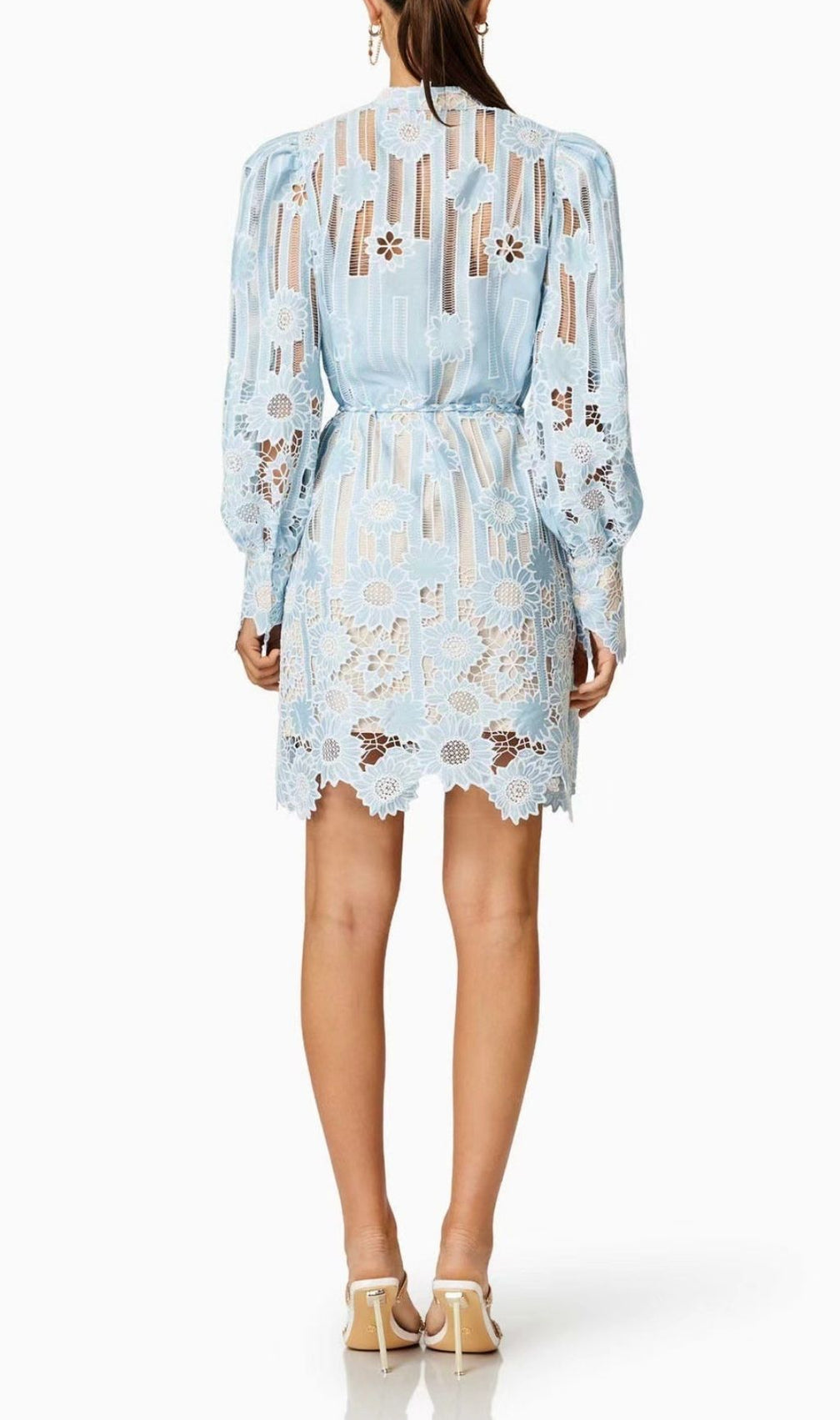 Deliz Romantic Sky Blue Floral Lace Mini Dress | Elegant Long Sleeve Style