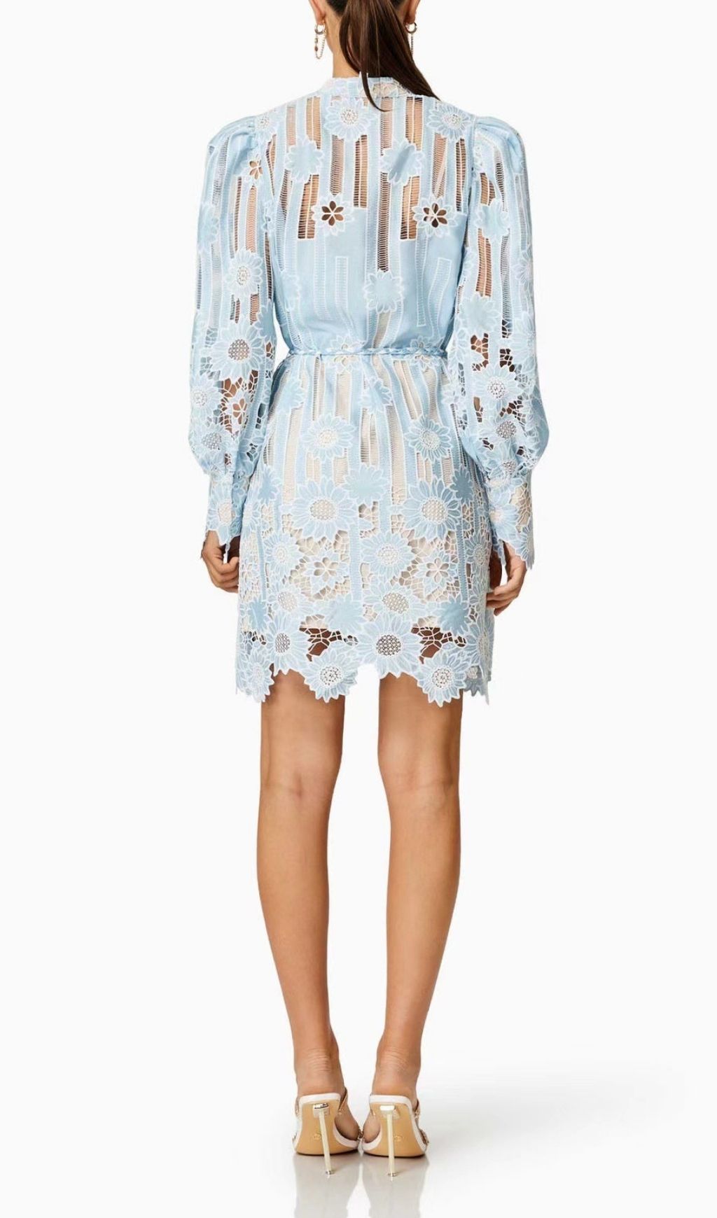 Deliz Romantic Sky Blue Floral Lace Mini Dress | Elegant Long Sleeve Style