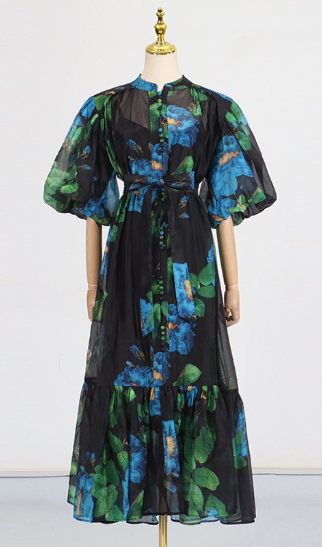 Drosera Printed Puff-Sleeve Midi Dress