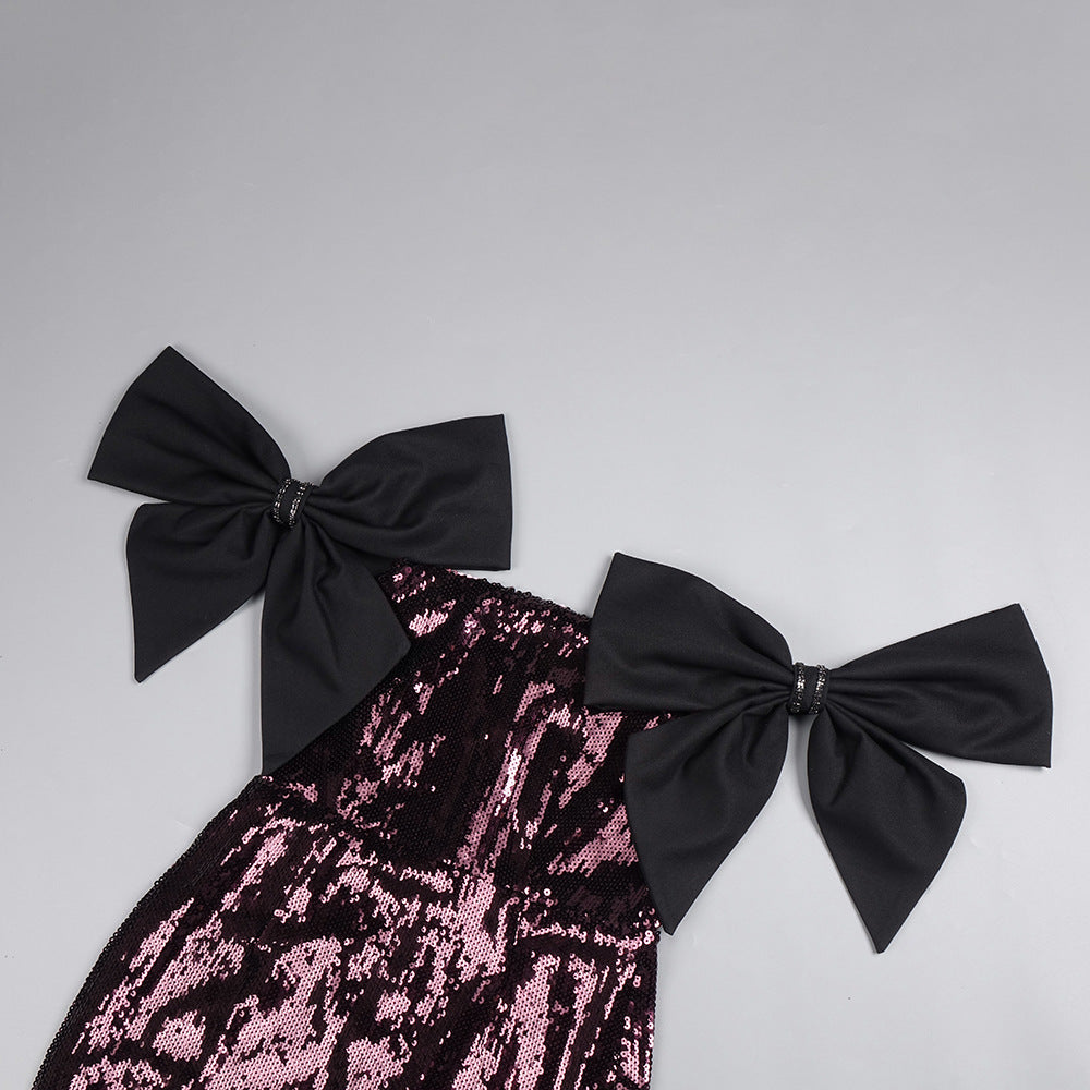 Jurek Sequin Off-Shoulder Bow Maxi Gown - Glamorous Formal Dress