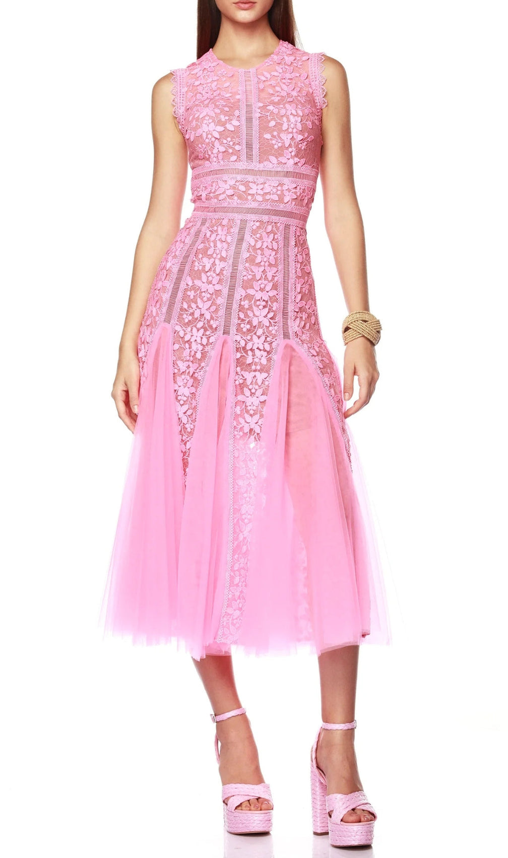 Audrianna Pink Embroidery Mesh Midi Dress