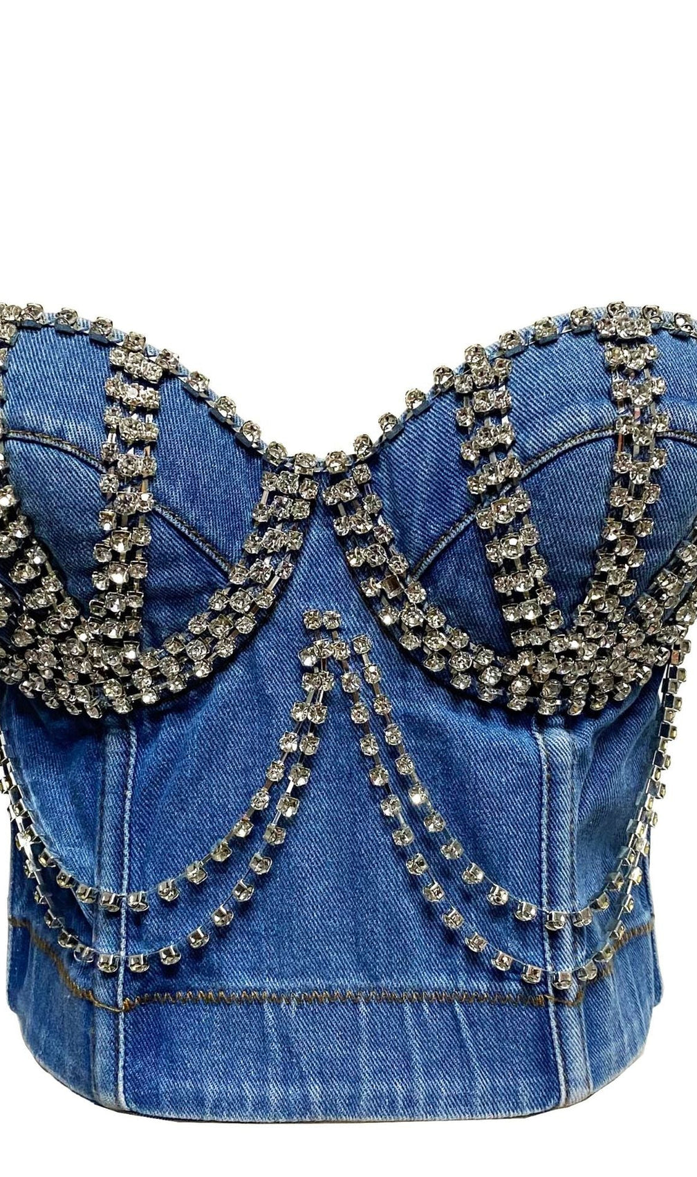 Denim Crystal Chain Crop Top