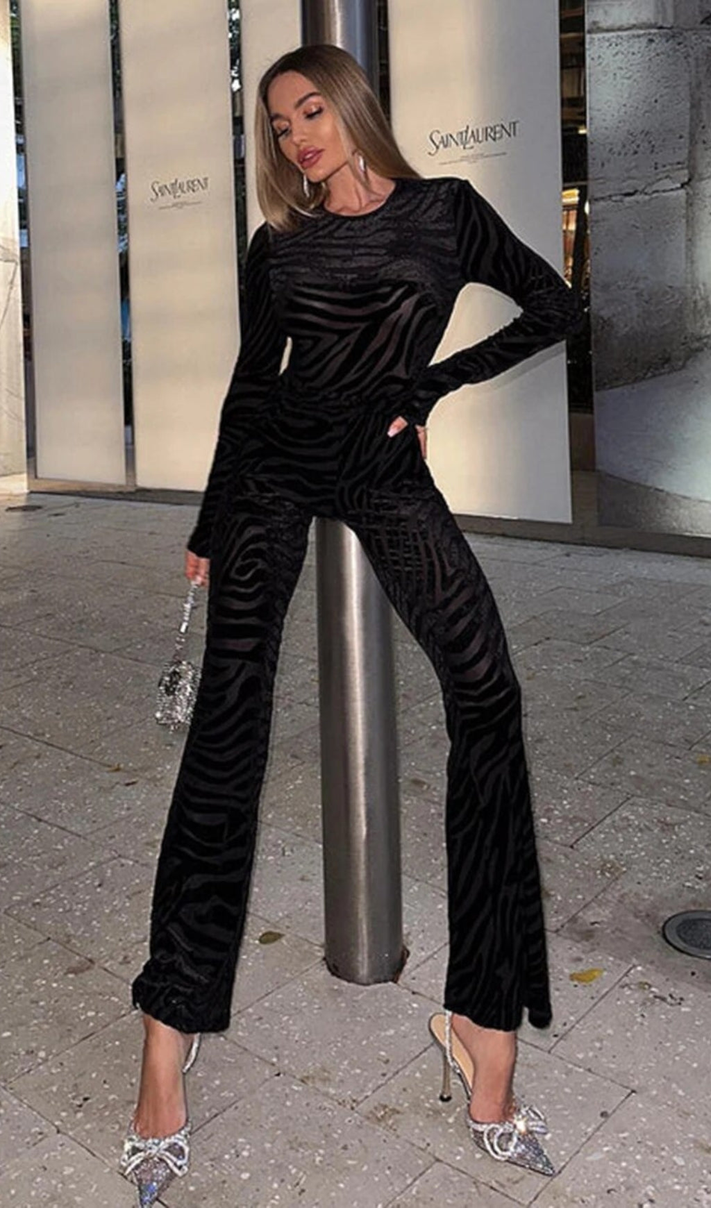 Zebra Print Sheer Carved Velvet Jumpsuit Set