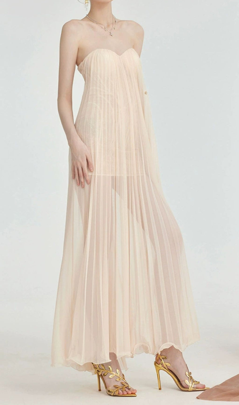 Fintan Apricot Strapless Mesh Lace Maxi Dress