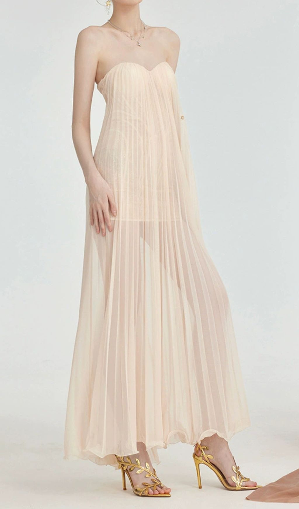 Fintan Apricot Strapless Mesh Lace Maxi Dress