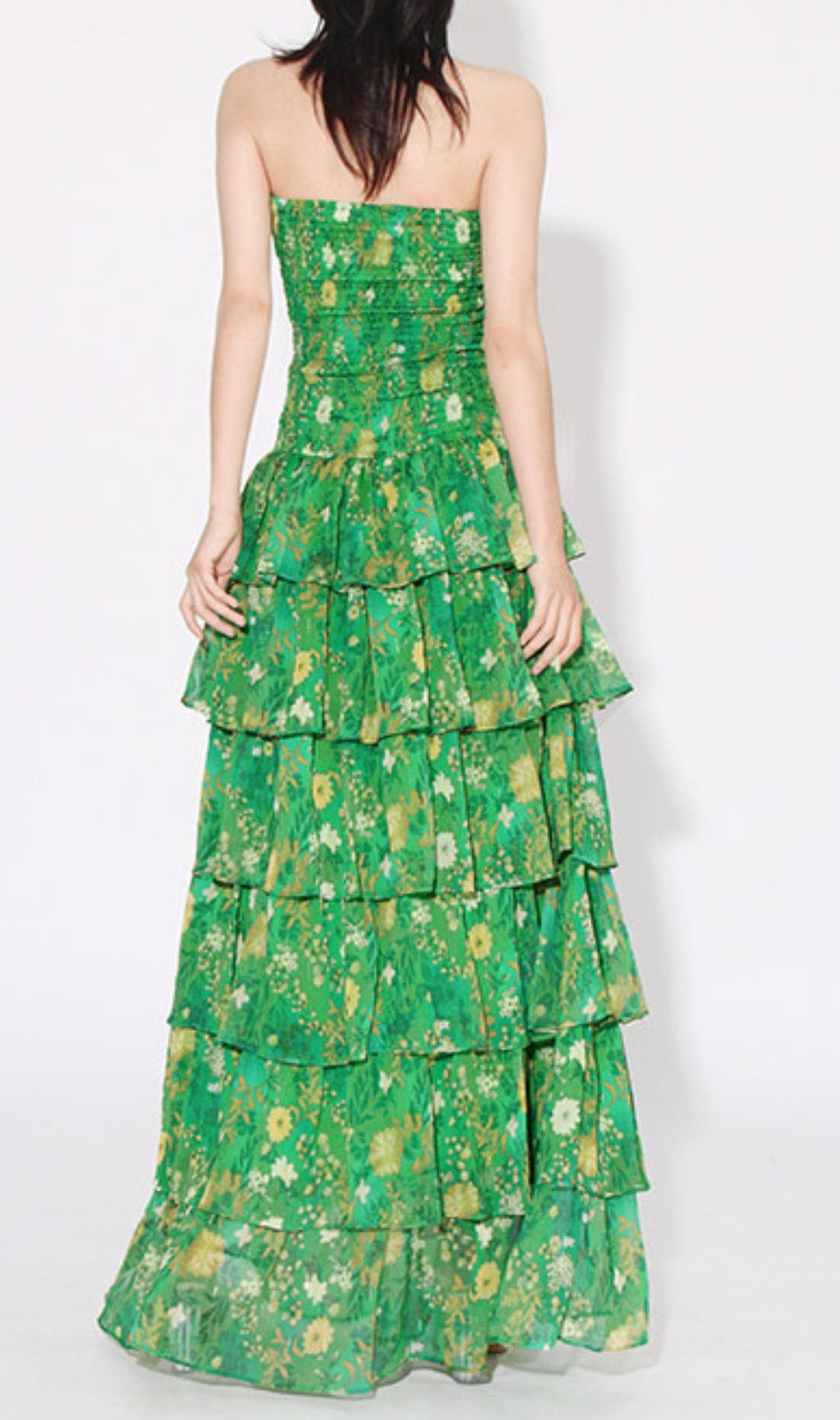 Bela Green Strapless Floral Ruffle Maxi Dress